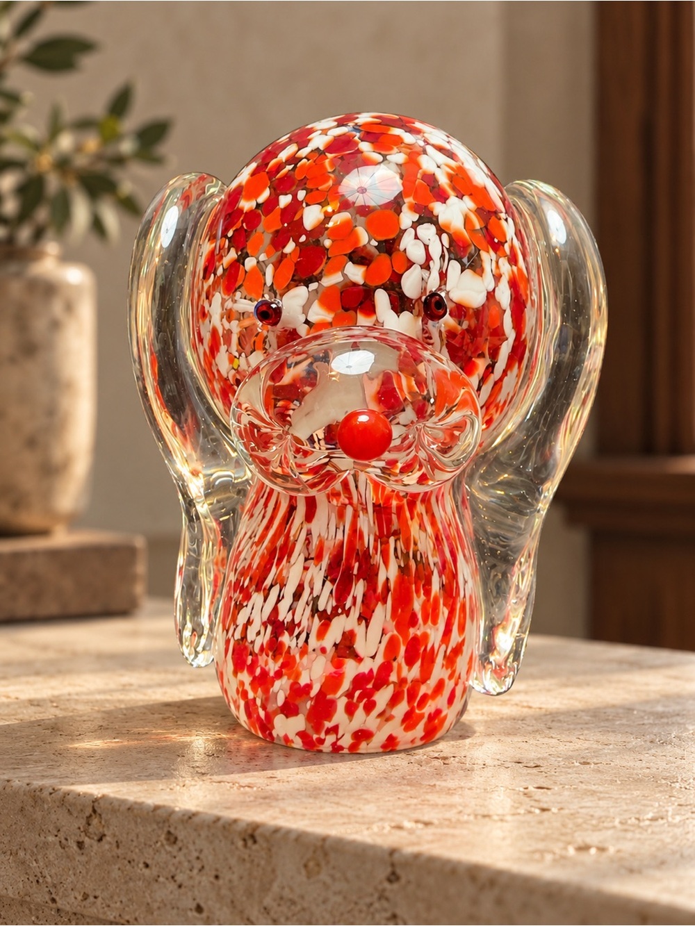 🆕 Murano Style Art Glass Dog Figurine 6.5” Red Orange White Confetti Puppy